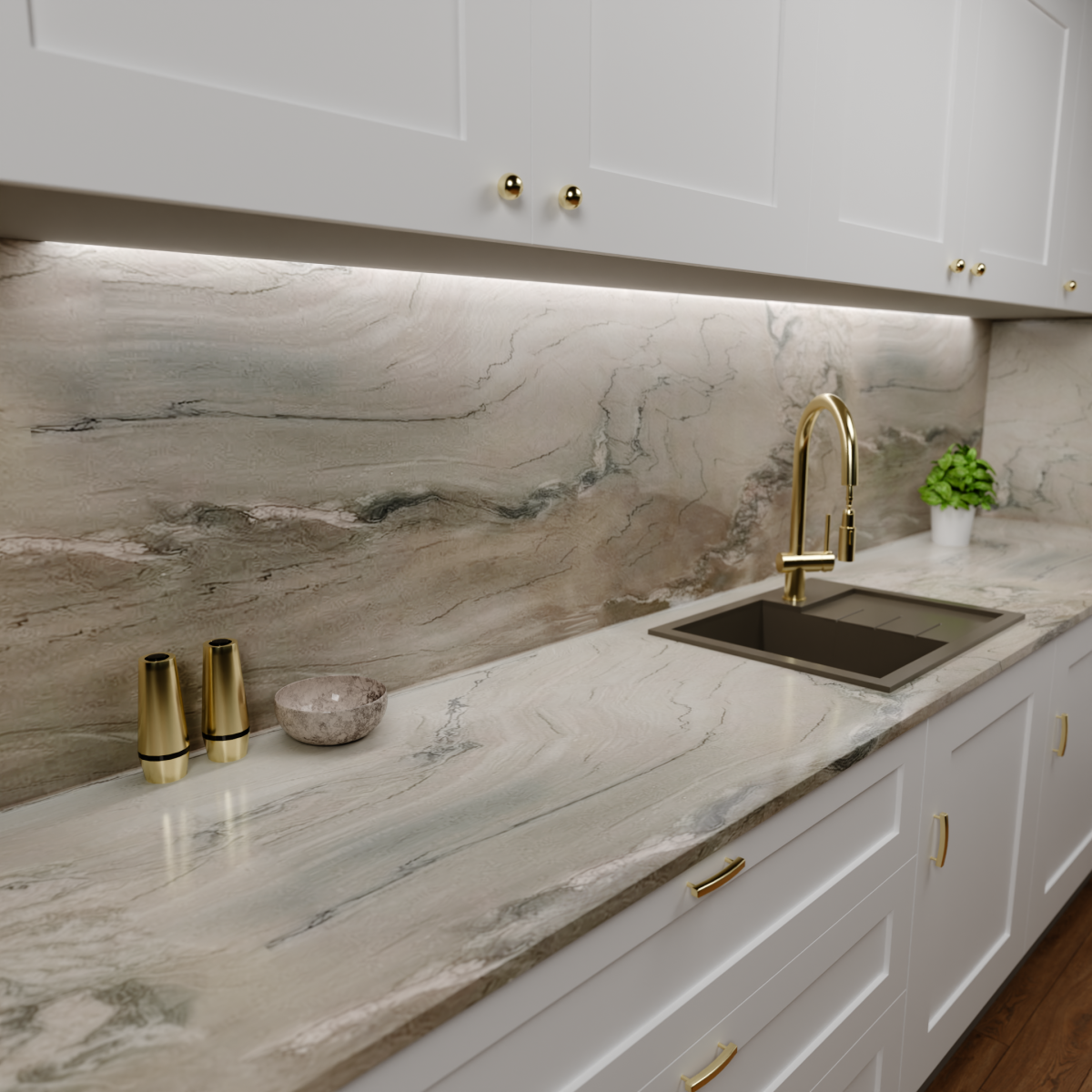 Zdjęcie przedstawia kuchnię z zamontowanym blatem kamiennym z kwarcytu naturalnego Fusion Beige czyli beżowego z żyłkami